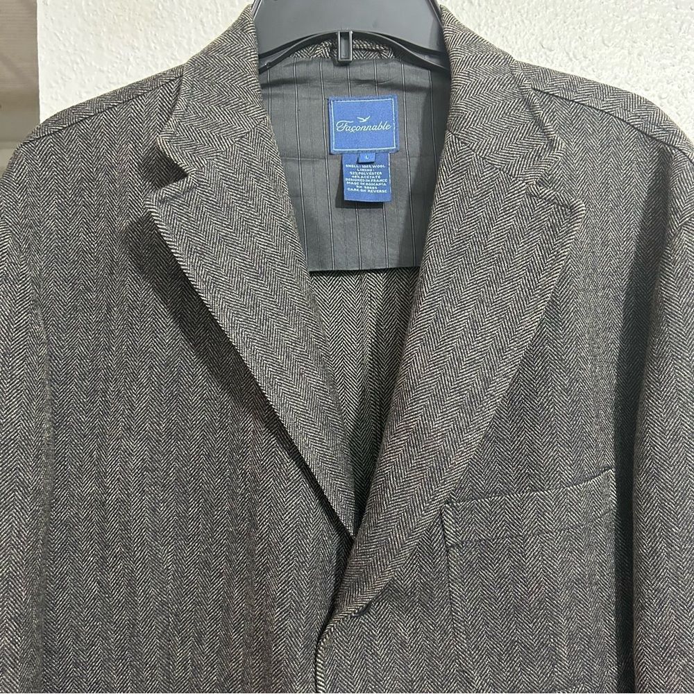 Faconnable Men’s 100% Wool Sport Coat Jacket Blazer Herringbone Gray Sz L